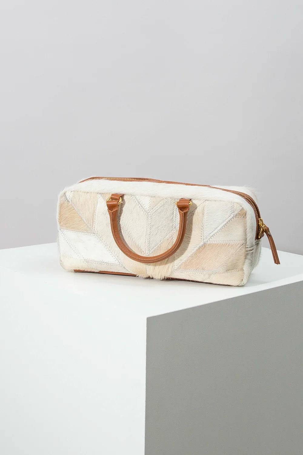 Textured Neutral Patchwork East-West Handbag with Tan Leather Hardware Strap for Cozy Vintage Outfits
