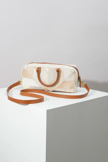 Textured Neutral Patchwork East-West Handbag with Tan Leather Hardware Strap for Cozy Vintage Outfits