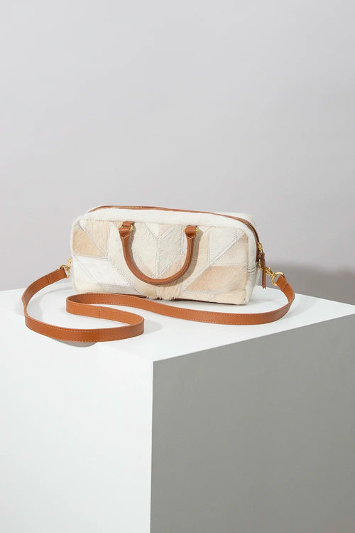 Textured Neutral Patchwork East-West Handbag with Tan Leather Hardware Strap for Cozy Vintage Outfits