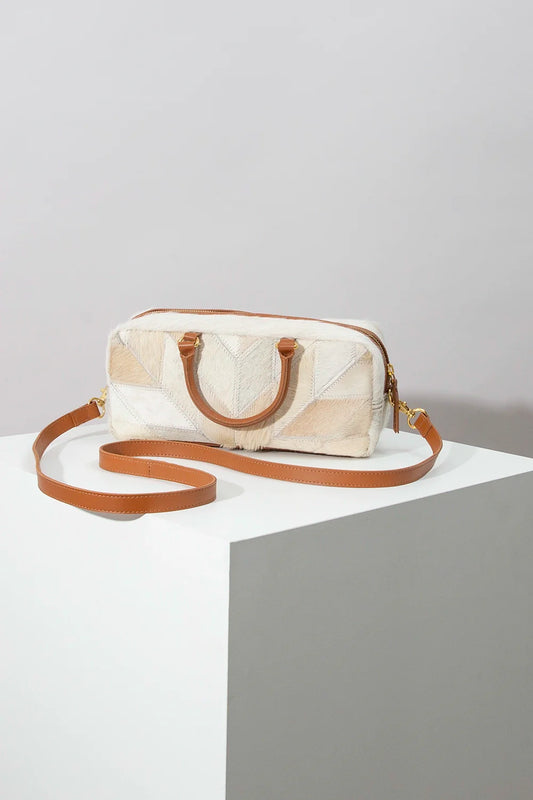 Textured Neutral Patchwork East-West Handbag with Tan Leather Hardware Strap for Cozy Vintage Outfits