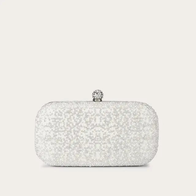 Silvery Pearl Faux Leather Hardcase Bag, Crystal Snap Frame Clutch with Detachable Chain for Daily & Formal Looks