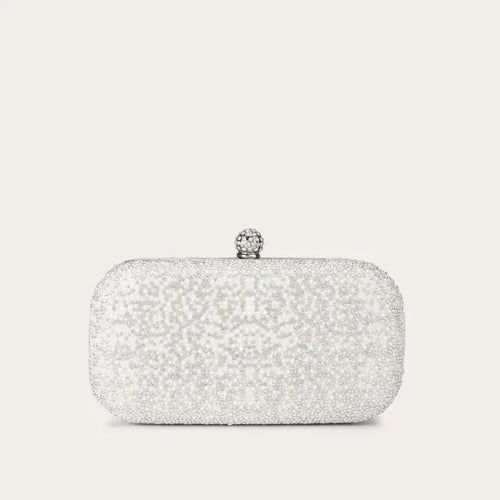 Silvery Pearl Faux Leather Hardcase Bag, Crystal Snap Frame Clutch with Detachable Chain for Daily & Formal Looks