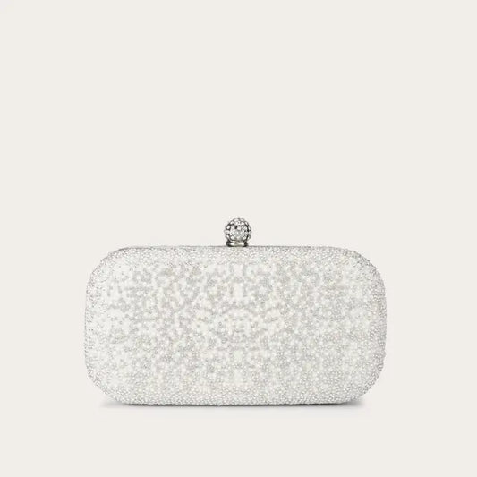 Silvery Pearl Faux Leather Hardcase Bag, Crystal Snap Frame Clutch with Detachable Chain for Daily & Formal Looks