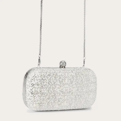 Silvery Pearl Faux Leather Hardcase Bag, Crystal Snap Frame Clutch with Detachable Chain for Daily & Formal Looks