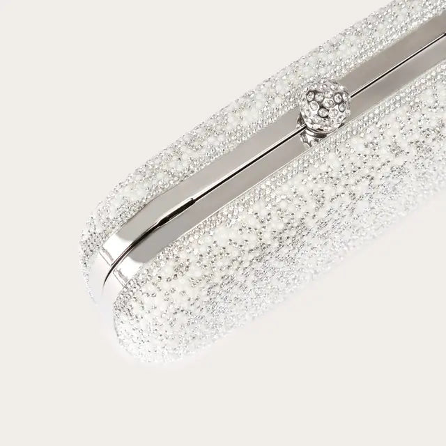Silvery Pearl Faux Leather Hardcase Bag, Crystal Snap Frame Clutch with Detachable Chain for Daily & Formal Looks