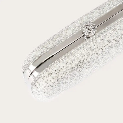 Silvery Pearl Faux Leather Hardcase Bag, Crystal Snap Frame Clutch with Detachable Chain for Daily & Formal Looks