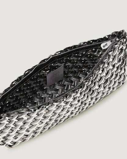 Pewter Silver Woven Faux Leather Evening Bag - Metallic Baguette Clutch with Chain Strap for Night Out & Daily Chic
