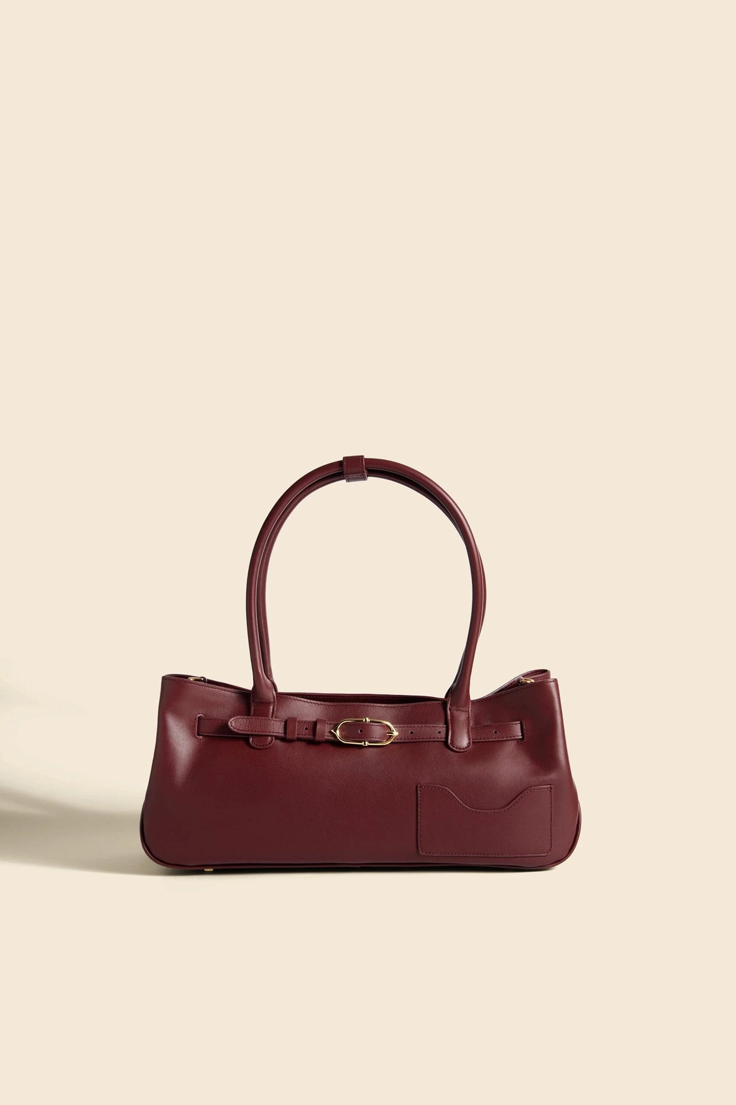 Earth Tone Slim Shoulder Bag with Buckle Strap & Curved Handle