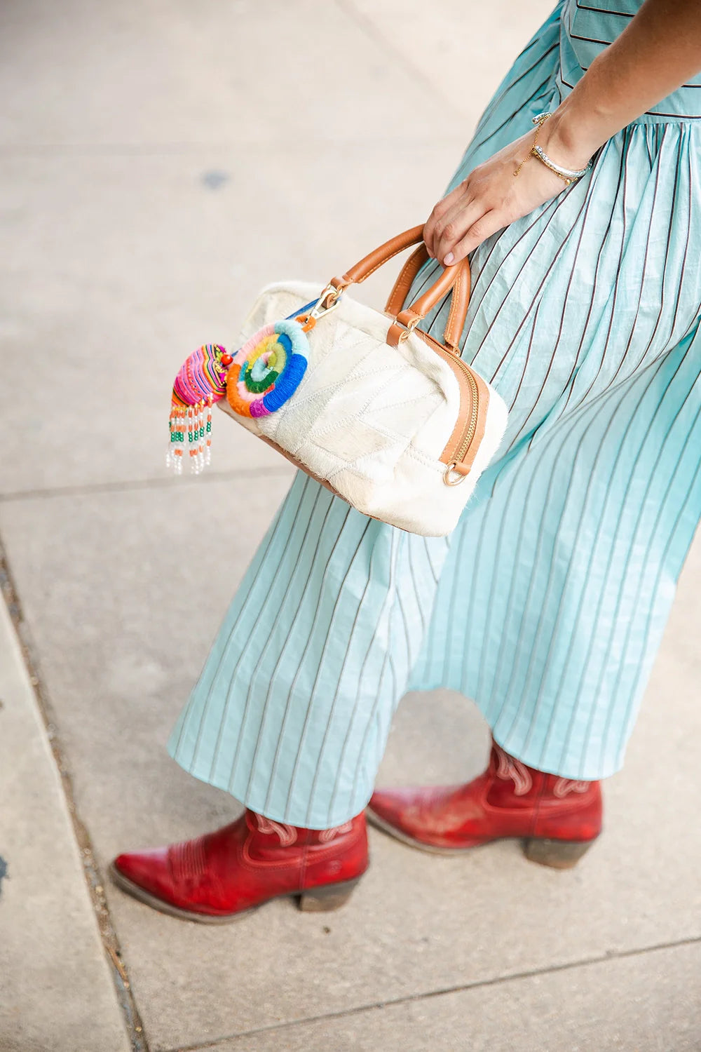 Textured Neutral Patchwork East-West Handbag with Tan Leather Hardware Strap for Cozy Vintage Outfits